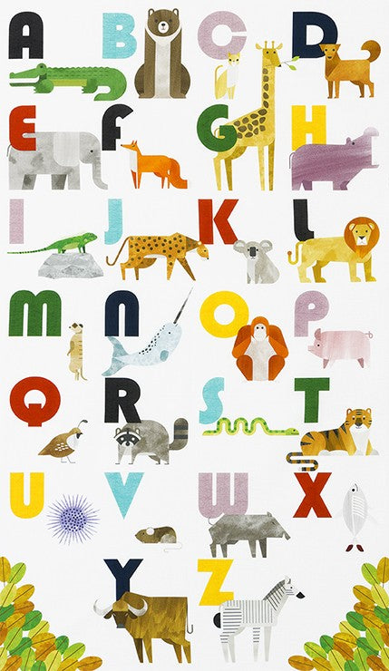 A to Z Animals Quilt Fabric - Animals and Alphabet in White/Multi - SRKD-18975-1 WHITE