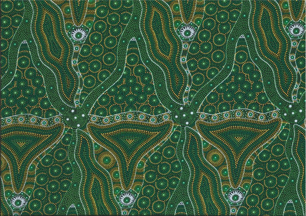 Australian Aboriginals Quilt Fabric - Bush Tomato and Waterhole in Green  - BUTGR