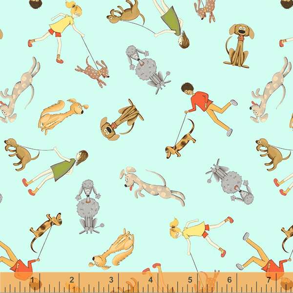 Be My Neighbor Quilt Fabric - Dog Walkers in Mint - 53161-7