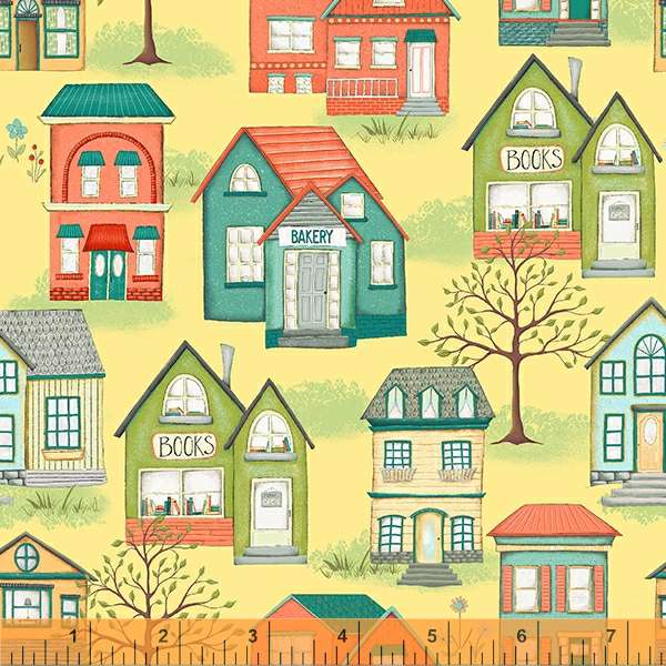 Be My Neighbor Quilt Fabric - Houses in Pale Yellow - 53158-2