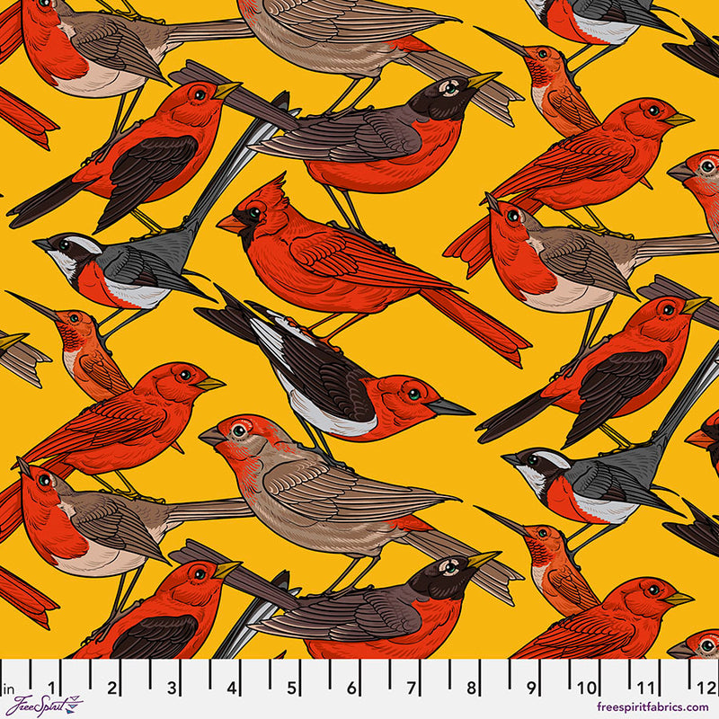 Birds of a Feather Quilt Fabric - Bird Stack on Saffron Gold - PWRH042.SAFFRON