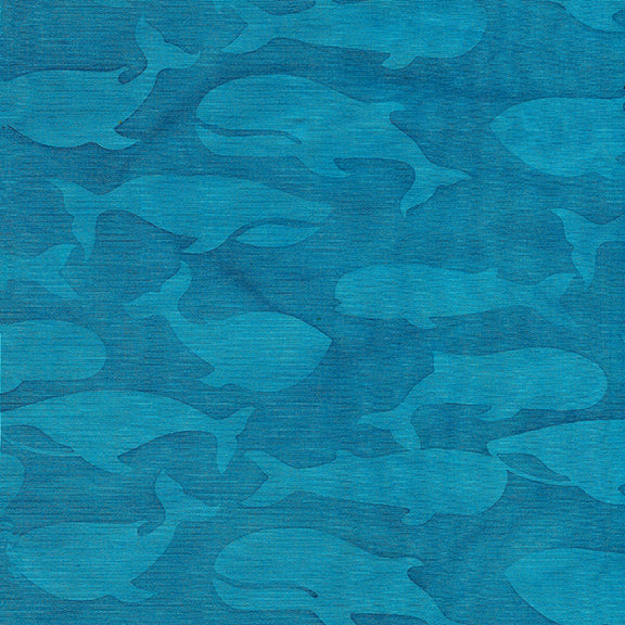 Calm Lagoon Batik Quilt Fabric -  Whales in Medium Pool Blue - 112117526