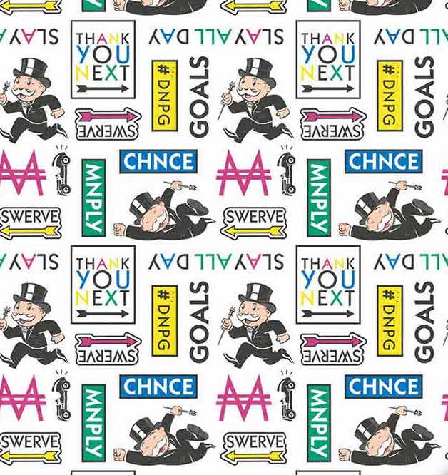 Camelot Novelty Quilt Fabric - Hasbro Monopoly Tossed Monopoly on White - 95070210