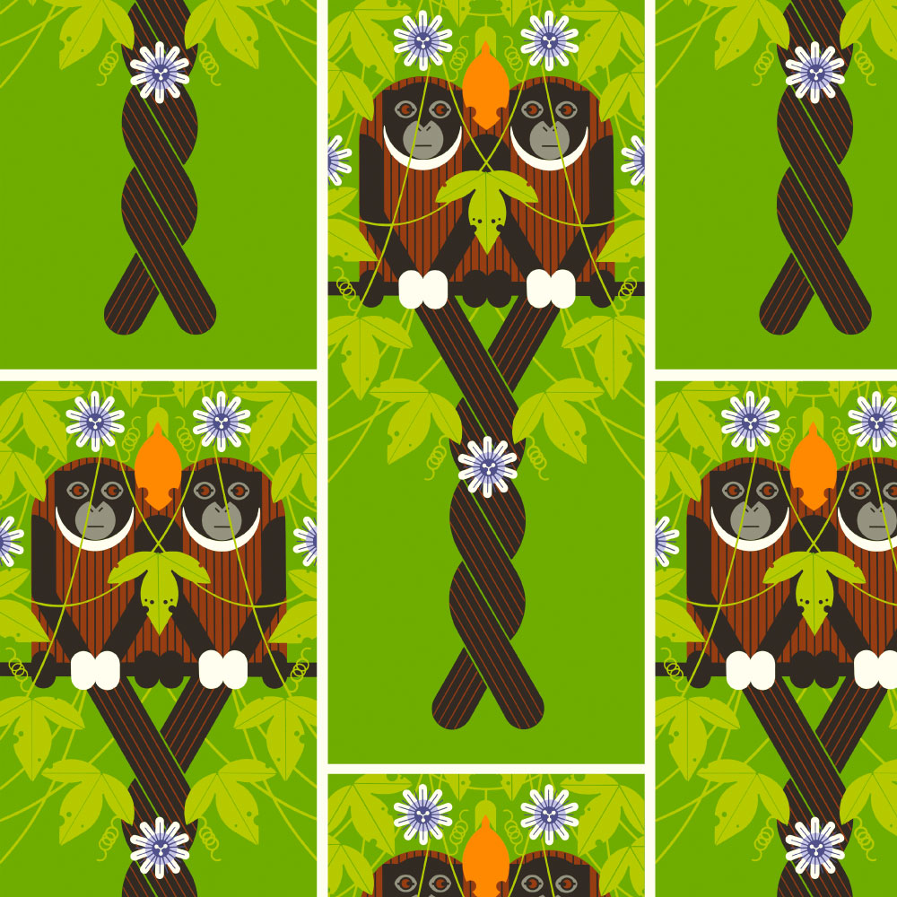 Charley Harper Nurture Vol 2 Quilt Fabric - Love on a Limb (Titi Monkeys) in Green - CH-167