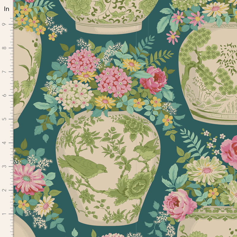 Chic Escape Quilt Fabric by Tilda's World - Flowervase in Petrol Teal - 100443