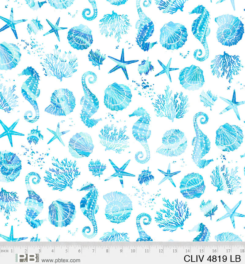 Coastal Living Quilt Fabric  - Seahorses and Shells in White/Light Blue - CLIV 4819 B