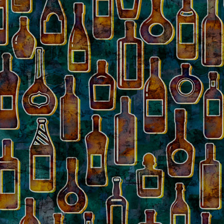 Cocktail Hour Quilt Fabric - Liquor Bottles in Aqua/Brown - 2600-28719-Q