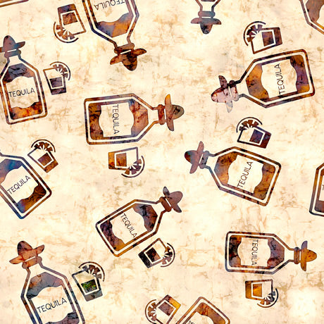 Cocktail Hour Quilt Fabric - Tequila Bottles in Tan - 2600-28717-E