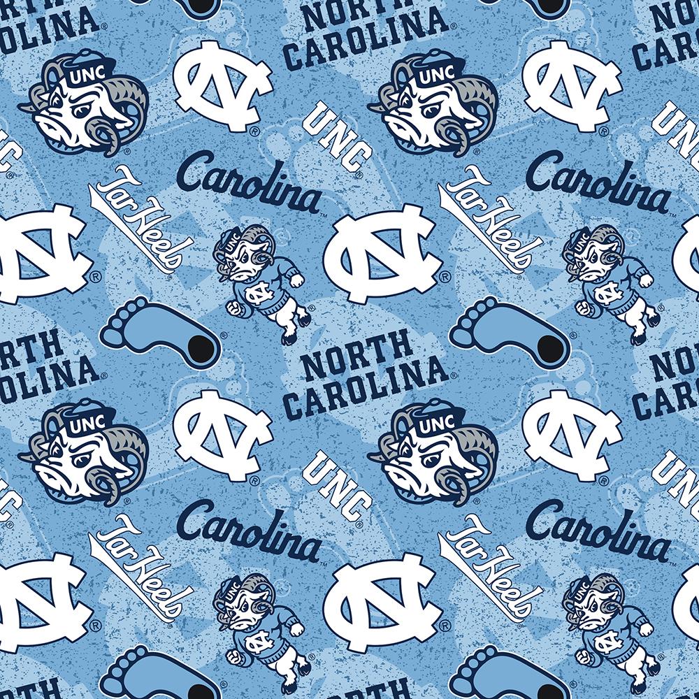 College Prints Quilting Fabric - UNC Mascots on Tone on Tone Blue University of North Carolina- NC-1178