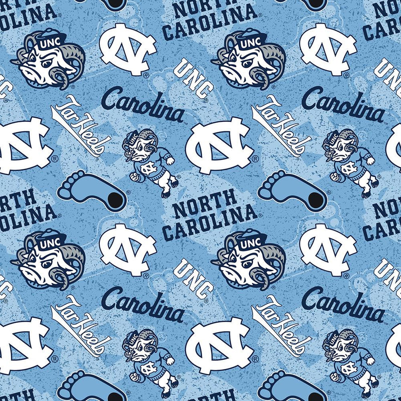 College Prints Quilting Fabric - UNC Mascots on Tone on Tone Blue University of North Carolina- NC-1178