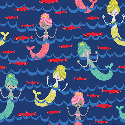 Commotion in the Ocean Quilt Fabric - Mermaids in Navy Blue - 2129-77