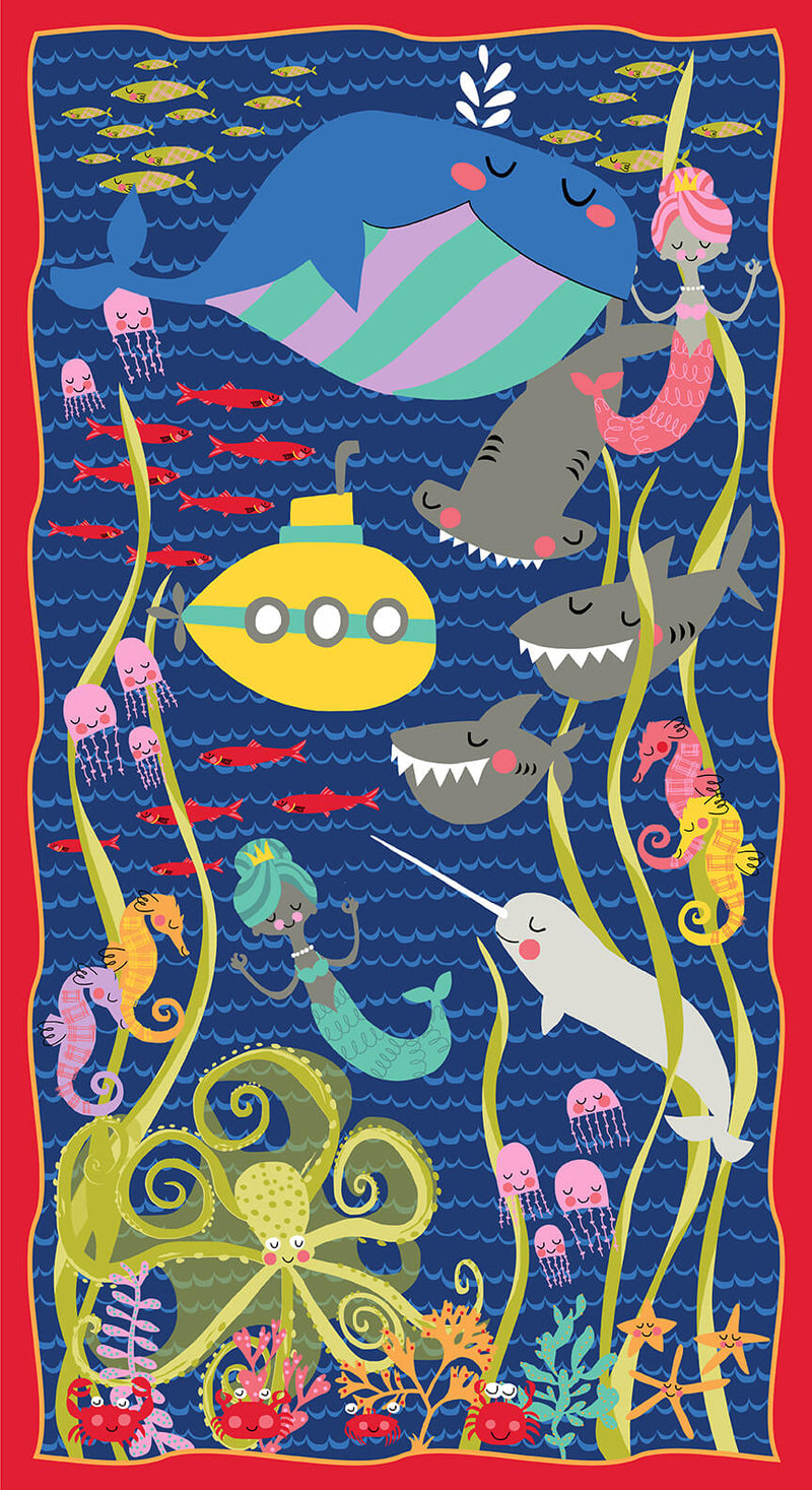 Commotion in the Ocean Quilt Fabric - Sea Life Panel in Navy Blue - 2137P-77 - SOLD AS A 24" PANEL