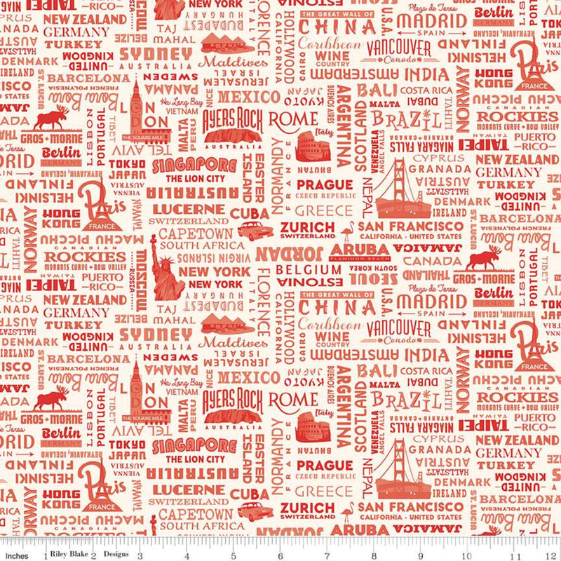 Destinations Quilt Fabric - Destinations of the World Text in Red  - C10031-RED