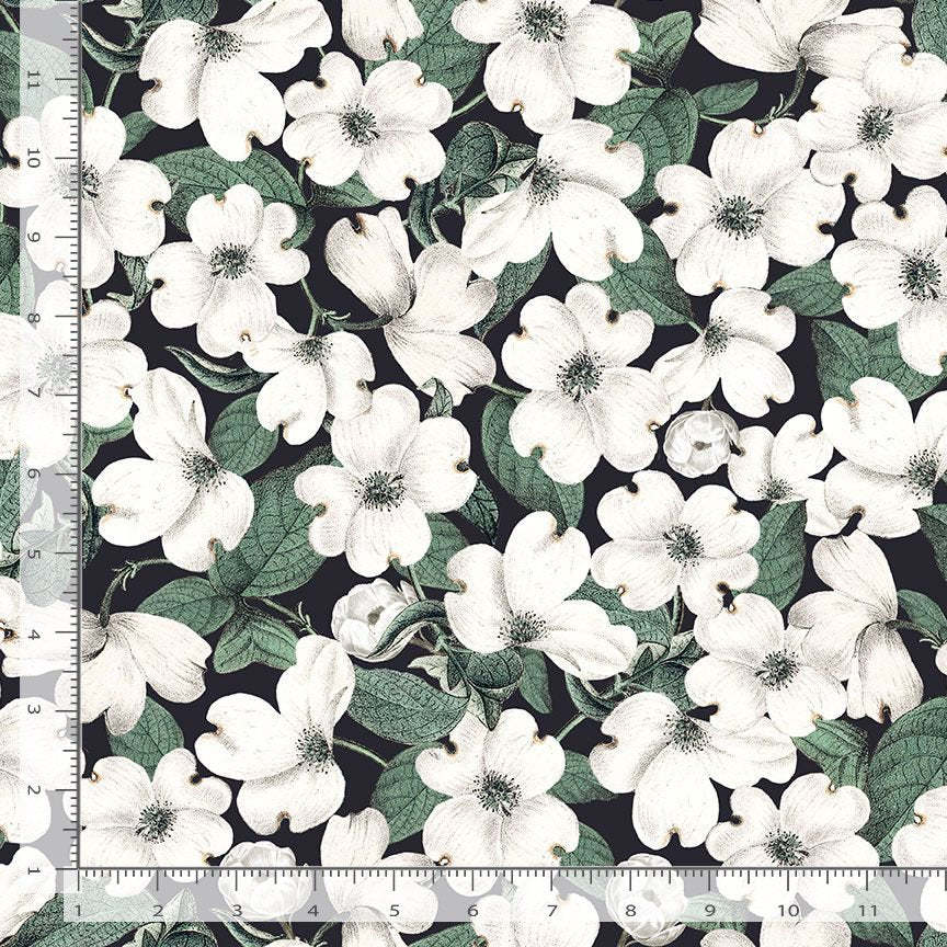 Dragonfly Garden Quilt Fabric - Packed White Flowers (Dogwoods) on Black - FLEUR CD1740 BLACK