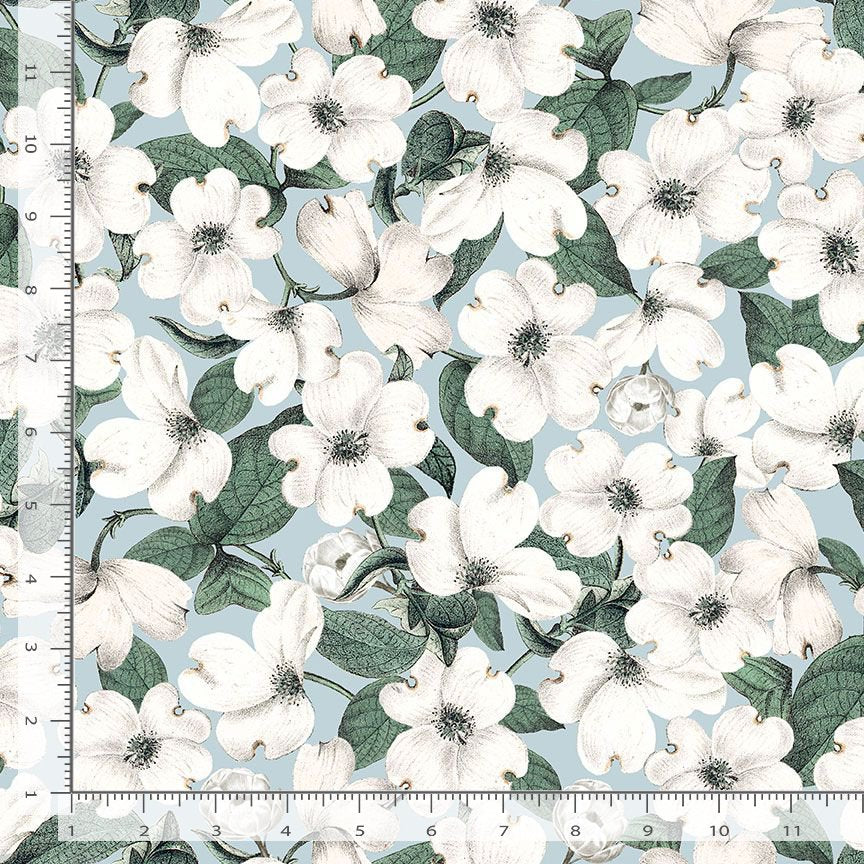 Dragonfly Garden Quilt Fabric - Packed White Flowers (Dogwoods) on Blue - FLEUR CD1740 BLUE
