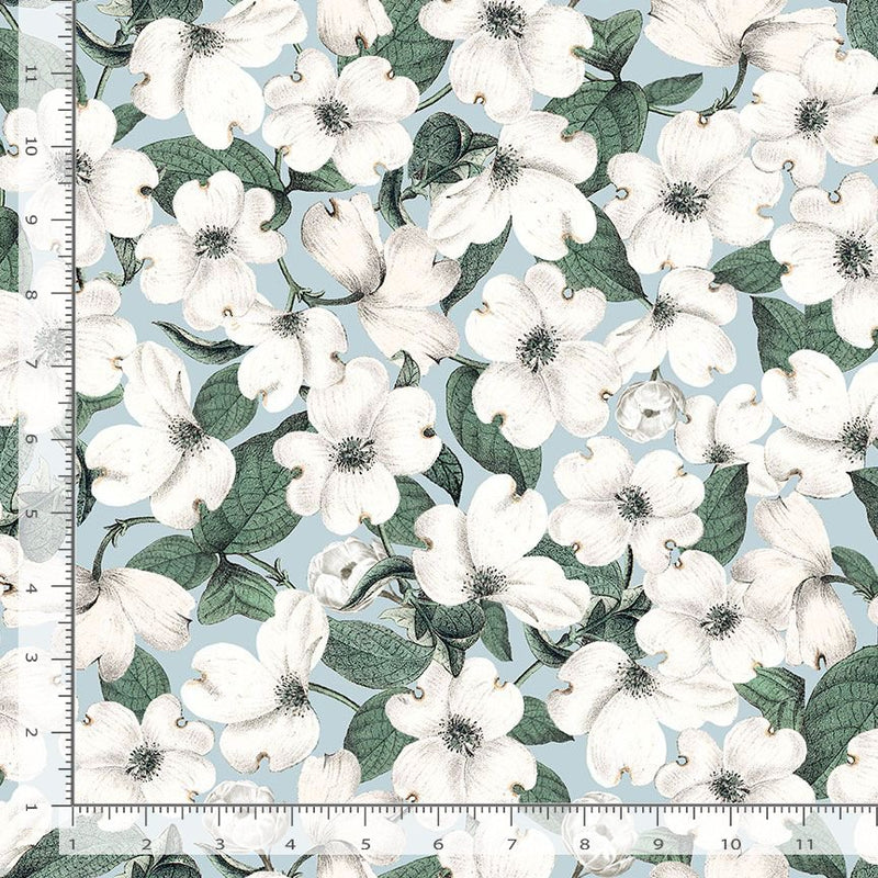 Dragonfly Garden Quilt Fabric - Packed White Flowers (Dogwoods) on Blue - FLEUR CD1740 BLUE