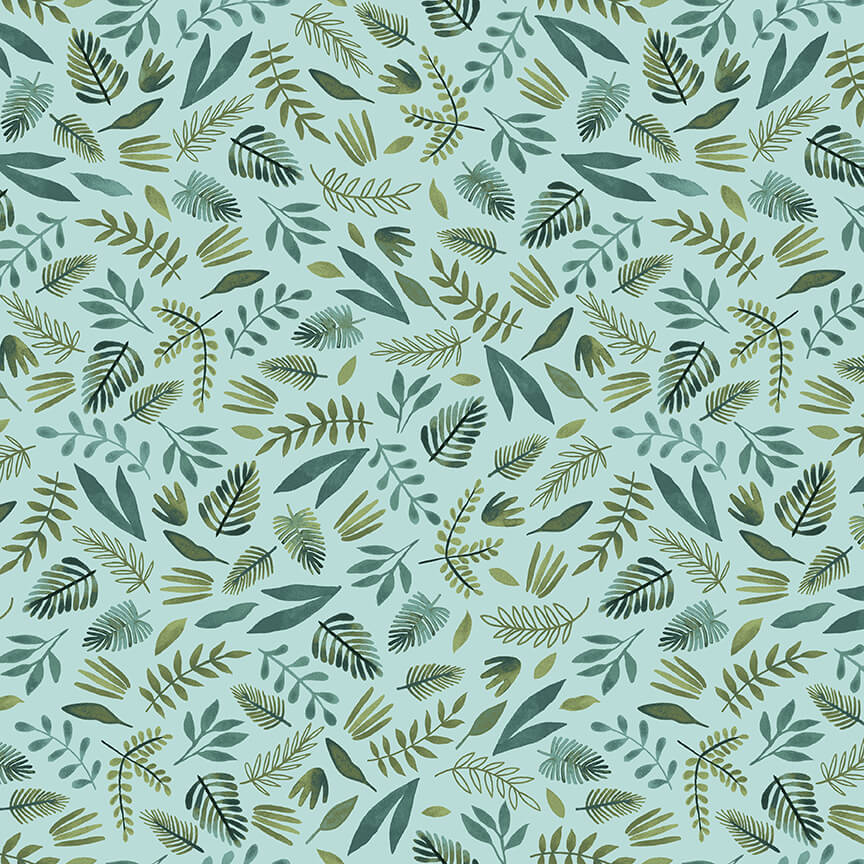 Earth Day Every Day Quilt Fabric - Tossed Leaves in Aqua - 6154-16