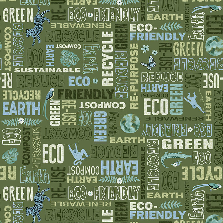 Earth Day Every Day Quilt Fabric - Word Pattern in Medium Green - 6147-66