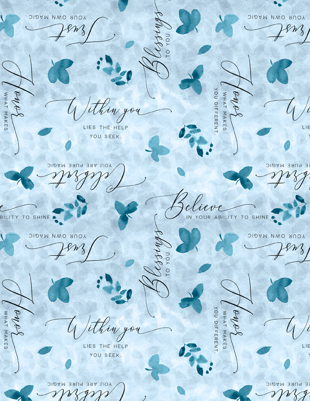 Enchantment Quilt Fabrics - Words All Over in Blue - 3039-13414-494