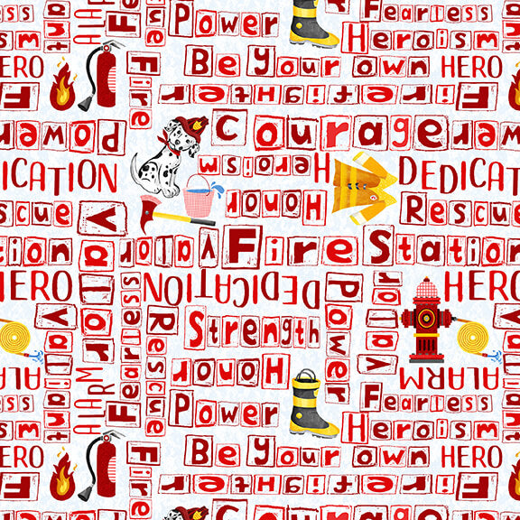 Everyday Heroes Quilt Fabric - Firefighter Words in Red - 1345-88
