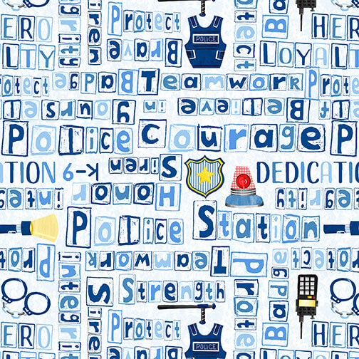 Everyday Heroes Quilt Fabric - Police Words in Blue - 1350-77