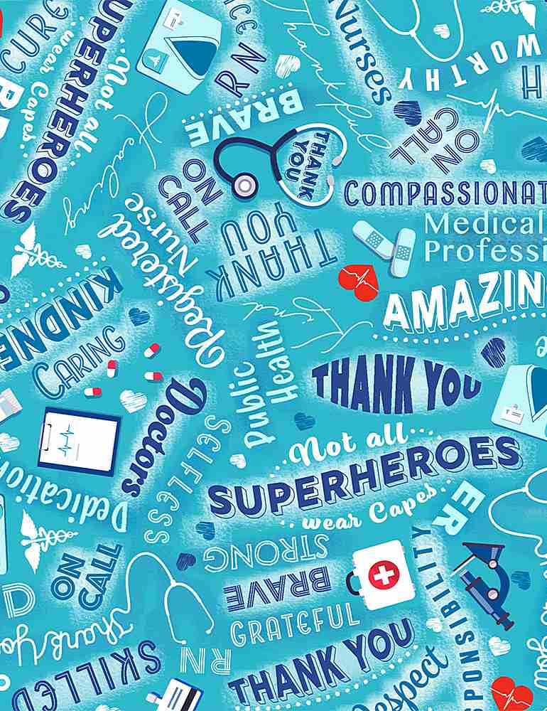 Everyday Heroes Quilt Fabric - Thanks in Aqua - C8419-AQUA