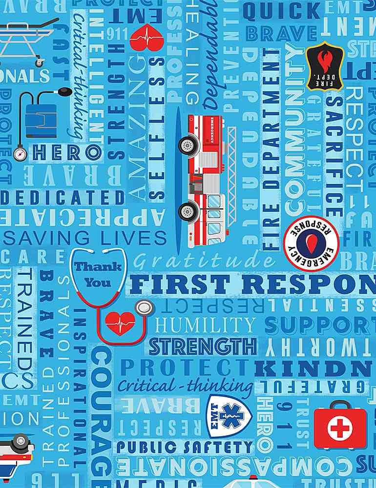 Everyday Heroes Quilt Fabric - Thanks in Blue - C8419-BLUE