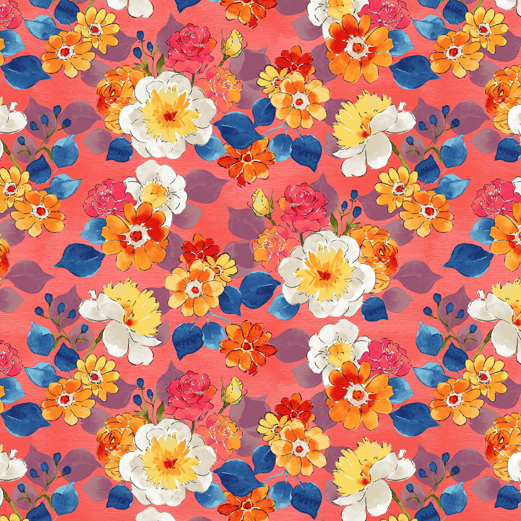 Faith Quilt Fabric - Bouquets in Dark Coral Orange - Y3729-40
