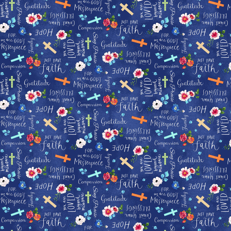 Faith Quilt Fabric - Inspirational Words in Royal Blue - Y3732-31