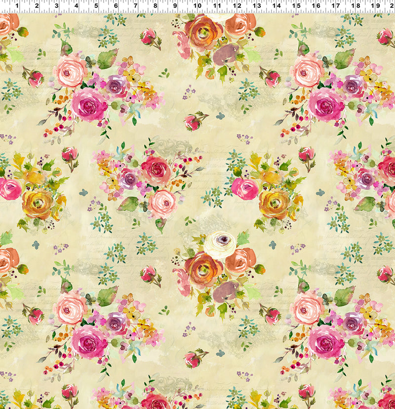 Feathered Friends Quilt Fabric - Floral Bouquet in Dark Butter Cream - Y3493-60