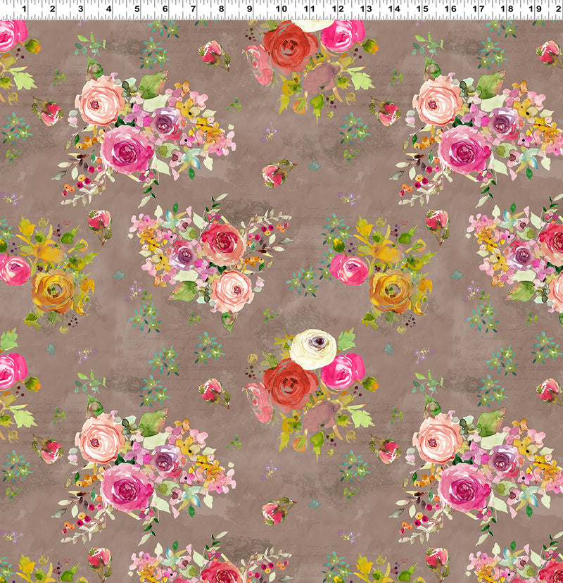 Feathered Friends Quilt Fabric - Floral Bouquet in Dark Taupe - Y3493-63