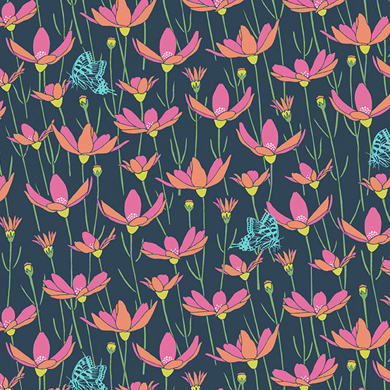 Flora and Fauna Quilt Fabric - Meadow Daisies in Navy/Pink - A-9995-B