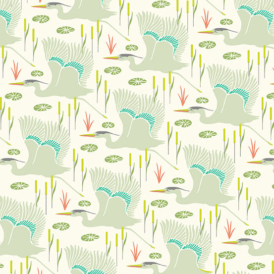 Flora and Fauna Quilt Fabric - Wetlands Cranes in Fog Gray/Cream - A-9996-L
