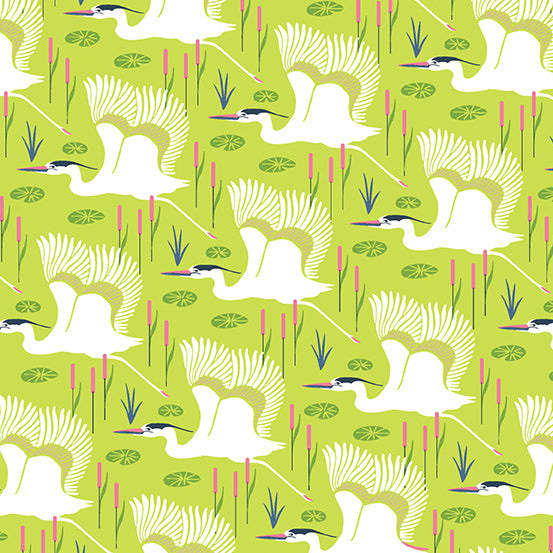 Flora and Fauna Quilt Fabric - Wetlands Cranes in Lichen Green - A-9996-V