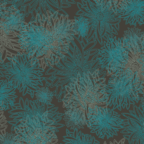 Floral Elements Quilt Fabric - Deep Ocean (Black/Aqua) - FE-505