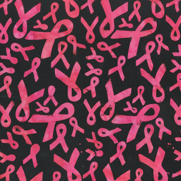 Four Seasons Batik Quilt Fabric - Breast Cancer Awareness Ribbons on Black  - 9112Q-1