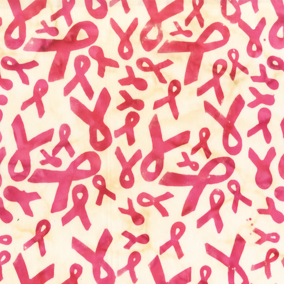 Four Seasons Batik Quilt Fabric - Breast Cancer Awareness Ribbons on Cream  - 9112Q-1