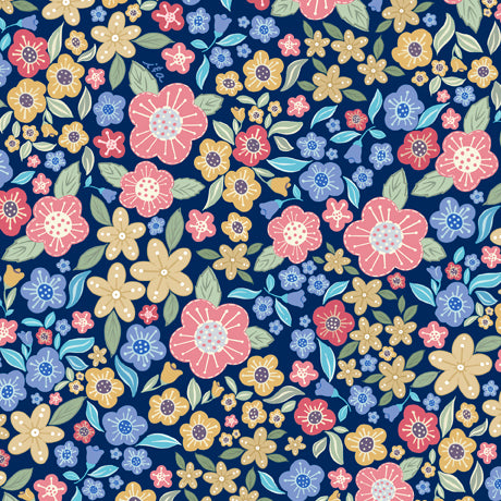 Fox Trot Quilt Fabric - Packed Floral in Navy Blue - 1649-28957-N