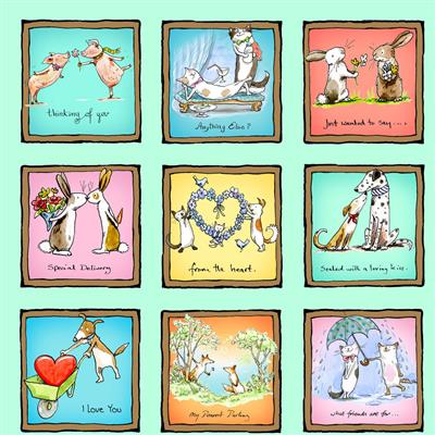 From the Heart Quilt Fabric - Small Animal Love Squares in Light Turquoise/Multi - Y3357-100