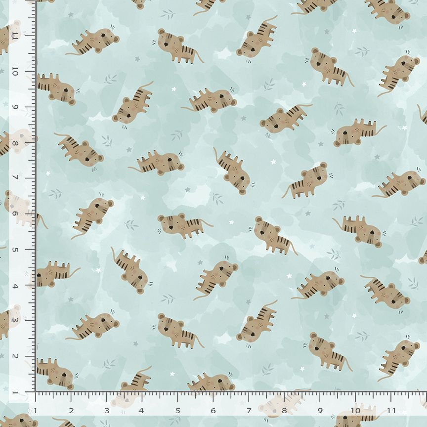 Full of Wonder Quilt Fabric - Cute Tossed Tigers in Teal - KIDZ CD1622 GREY