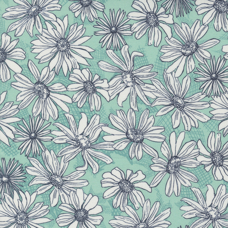 Garden Society Quilt Fabric - Daisy Sketch in Aqua - 11892 21
