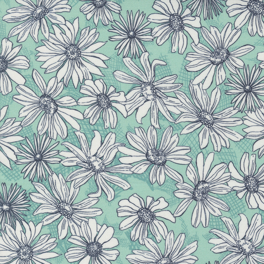 Garden Society Quilt Fabric - Daisy Sketch in Aqua - 11892 21