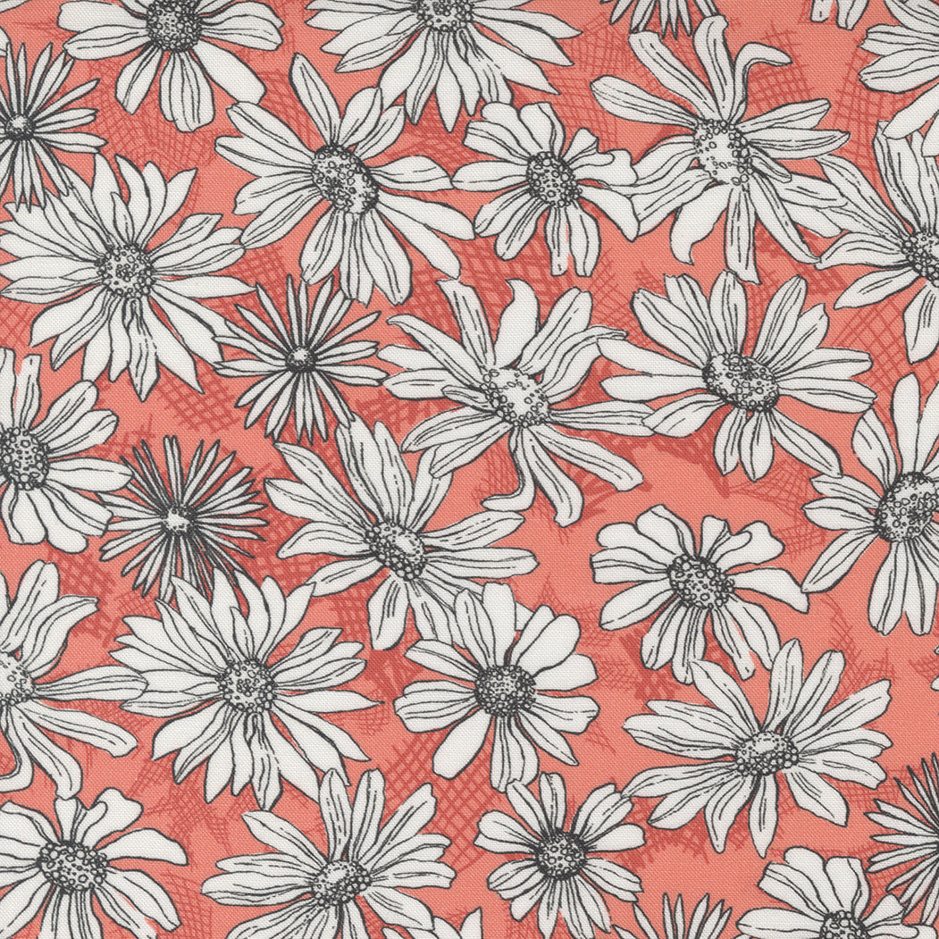 Garden Society Quilt Fabric - Daisy Sketch in Coral - 11892 26