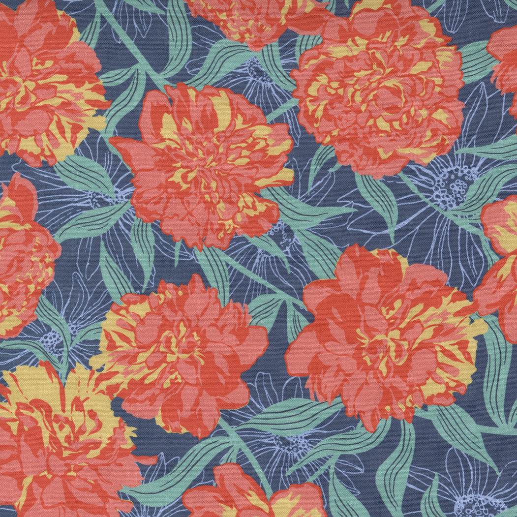 Garden Society Quilt Fabric - Peony Blooms in Navy Blue - 11890 14