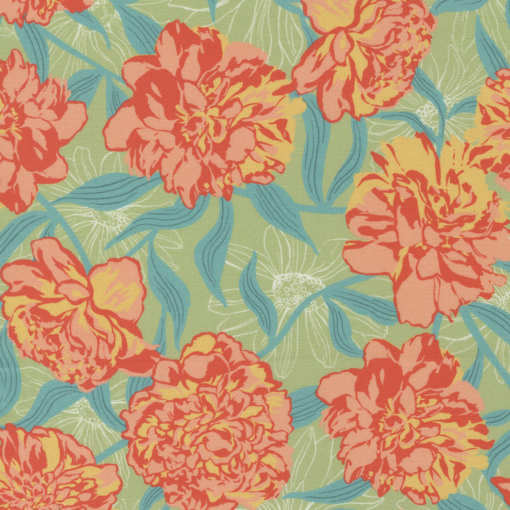 Garden Society Quilt Fabric - Peony Blooms in Pistachio Green/Coral - 11890 17
