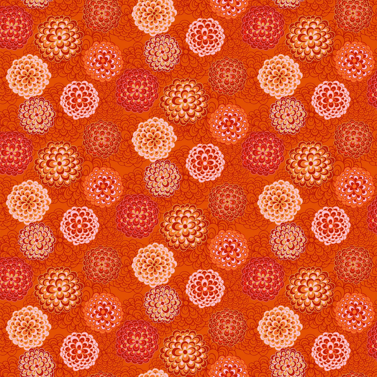 Happiness Quilt Fabric - Pompom Dahlias in Orange/Multi - 90595-56