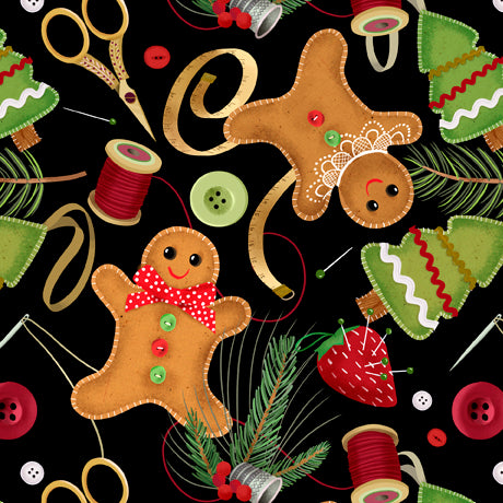 Happiness iis Homemade Quilt Fabric  - Sewing and Christmas Toss in Black - 1649-28908-J