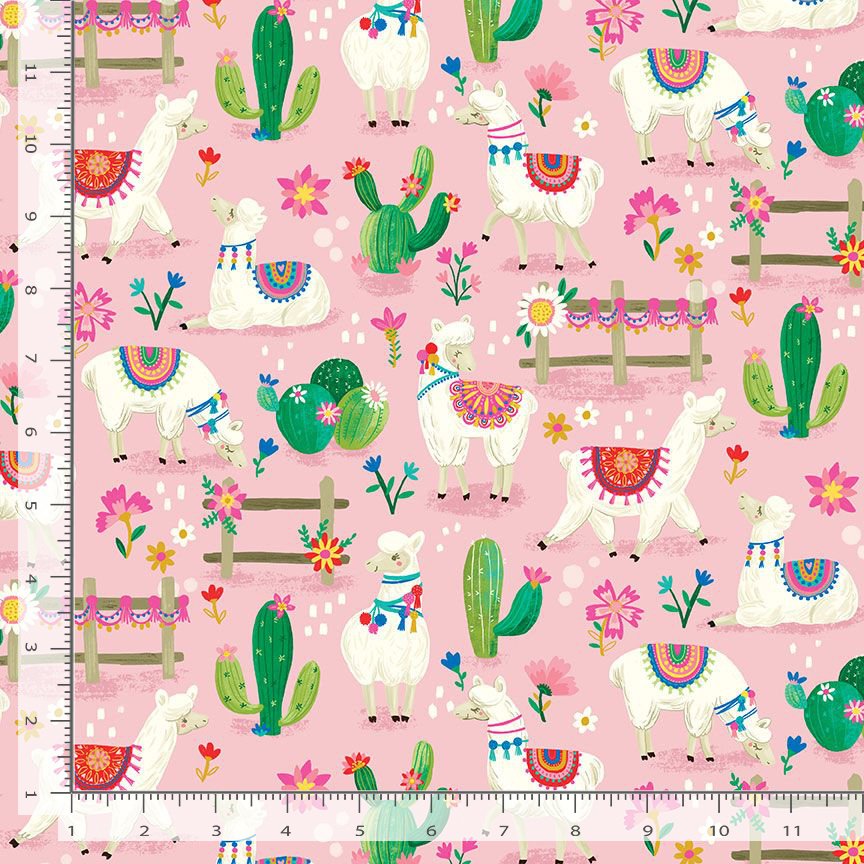 Happy Alpaca Quilt Fabric - Cute Alpaca on Cactus Garden in Pink - OLIVIA-CD1844 PINK