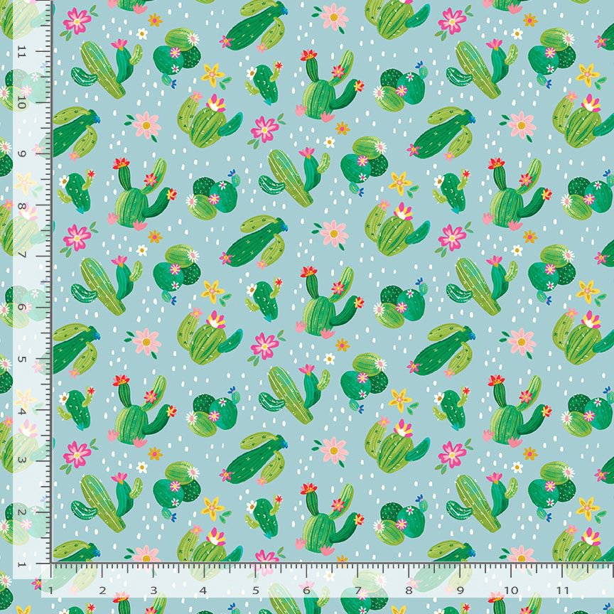 Happy Alpaca Quilt Fabric - Cute Cactus Garden in Blue - OLIVIA-CD1845  BLUE