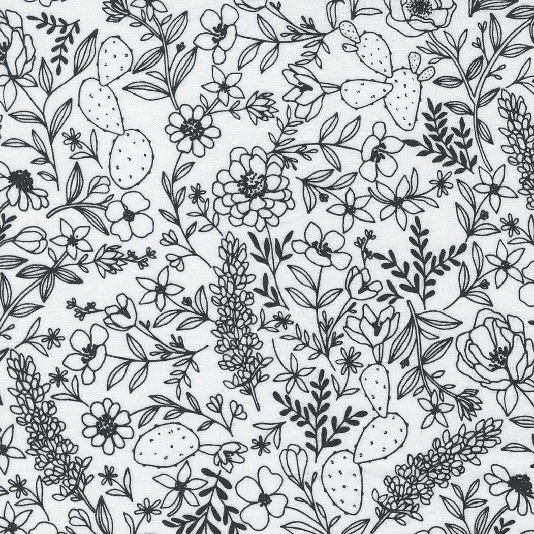Hey Y'all Quilt Fabric - Western Wildflowers Medium Floral in Black on Paper White - 11513 11